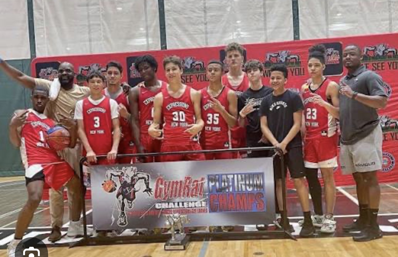 Expressions New York squad with the GymRat Challenge Platinum Champs banner